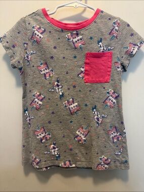 Lego Girls Grey Tee with Pink Pocket & Unicorn 🦄 Kitty 🐈‍⬛ Print